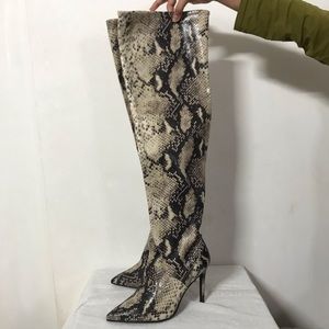 COPY - - Guess thigh high heel boots with light green khaki cream snakeski…